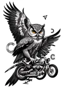 full sleeve tattoo that contains " owl, eminem name, bike, a dodge demon, a barista sign,and a c tattoo design idea