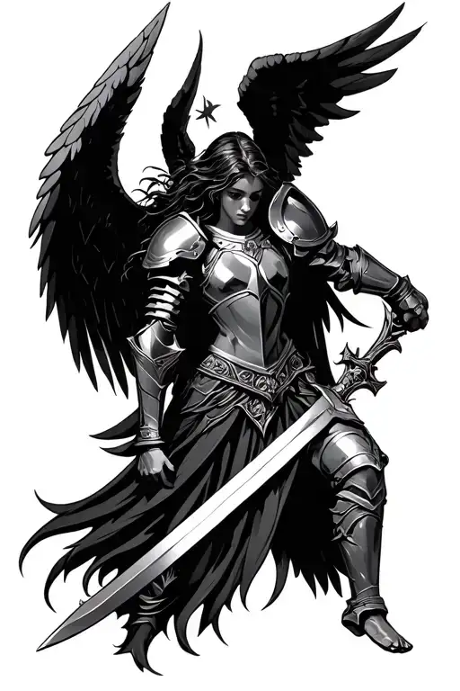 angel in armor holding sword tattoo design idea