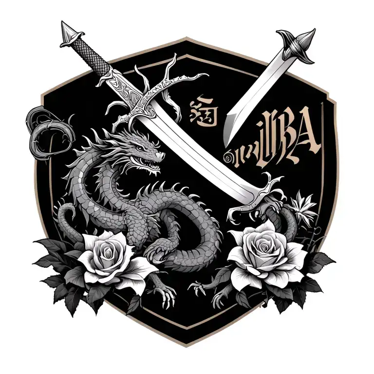 Japanese name simba on a Broad sword pointing down with a western dragon wrapped around with spider lillies and roses  tattoo design idea