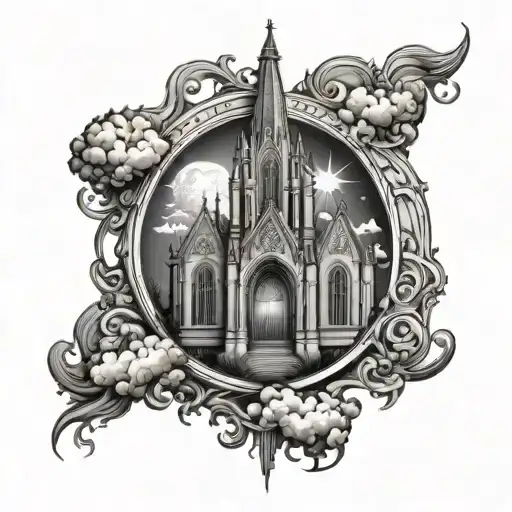 gothic chapel with sun and moon and clouds   tattoo design idea
