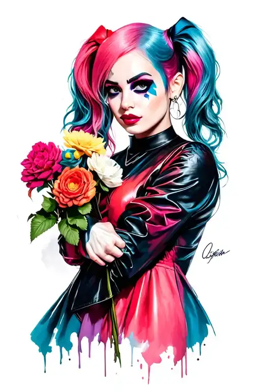 pop punk girl portrait. Harley Quinn hair. holding flowers. tattoo design idea