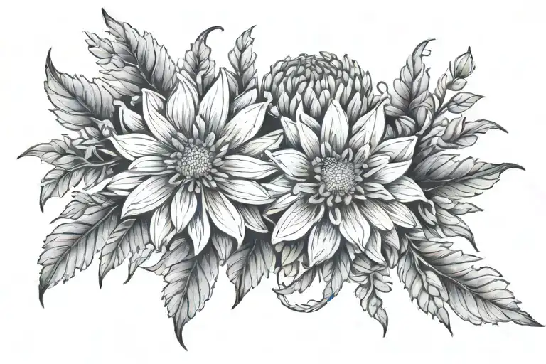 Chrysanthemum daisy and marigold flowers intertwined tattoo design idea