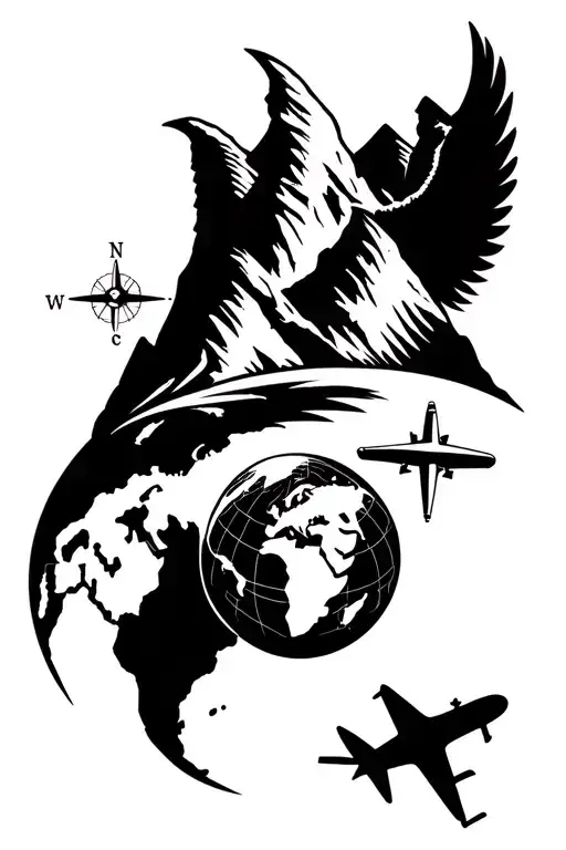 tattoo design white and black featuring compass, mountain, earth globe, world map, and airplane elements symbolizes a pa tattoo design idea