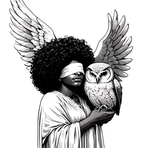 Image of a black afro centric angel holding the head of a blindfolded owl  tattoo design idea