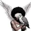 Image of a black afro centric angel holding the head of a blindfolded owl  tattoo design idea