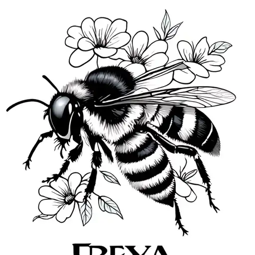 "Freya" bee with flowers for body fine line tattoo  tattoo design idea