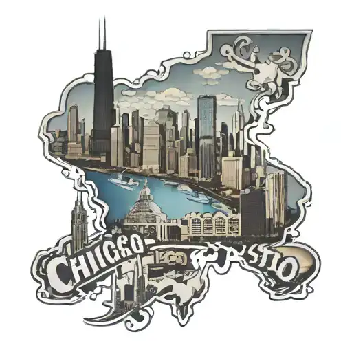 chicago skyline, welcome to las vegas sign, tom and jerry, swallows, mountain, dog paws tattoo design idea