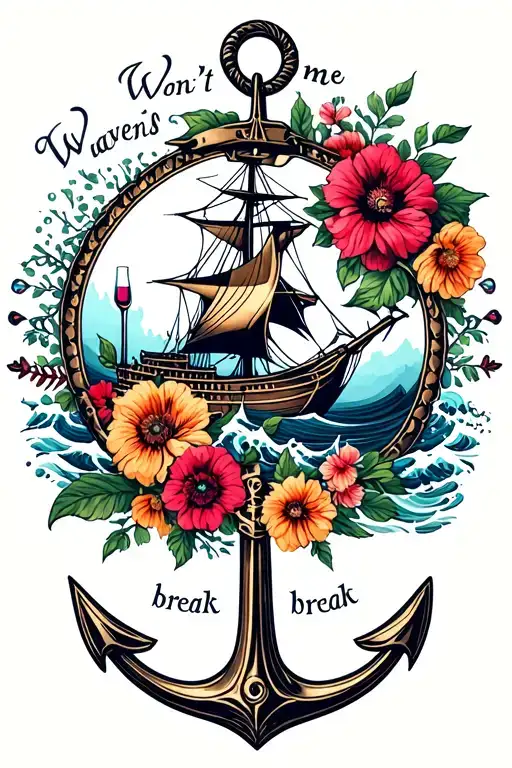 waves, ship, compass, anchor, flowers, wine, "waves won't break me" Mother, skeleton  tattoo design idea