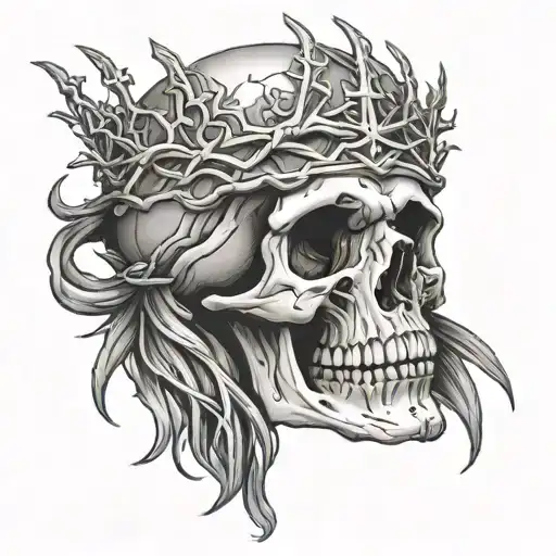 skull wearing Jesus's crown of thorns tattoo design idea