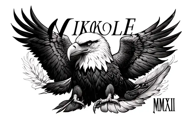 "NIKOLE MMXIII" bald eagle feather tattoo design idea