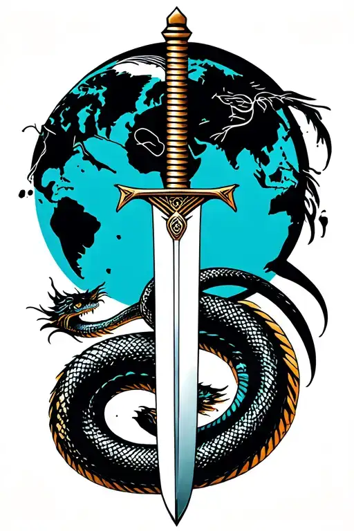 dagger or katana with snake or dragon or the world map tattoo design idea