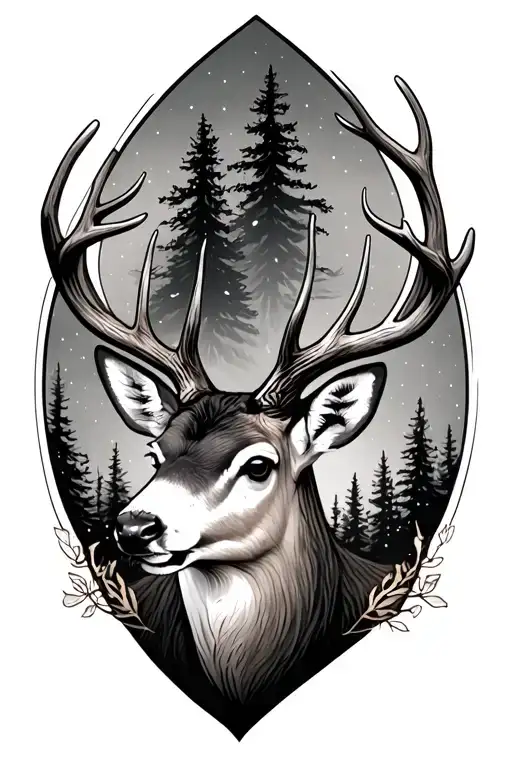 whitetail deer head with trees sleeve  tattoo design idea