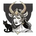 minimalistic Freya goddess of love, fertility, beauty, sex, war, death, gold, and magic. portrait. including cats tattoo design idea