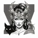 minimalistic Freya goddess of love, fertility, beauty, sex, war, death, gold, and magic. portrait. including cats tattoo design idea