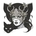 minimalistic Freya goddess of love, fertility, beauty, sex, war, death, gold, and magic. portrait. including cats tattoo design idea