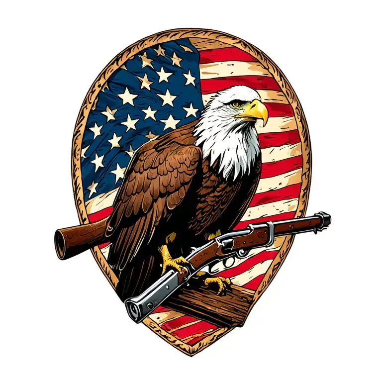 A patriotic bald eagle perched on an old musket with an American flag in the background. tattoo design idea