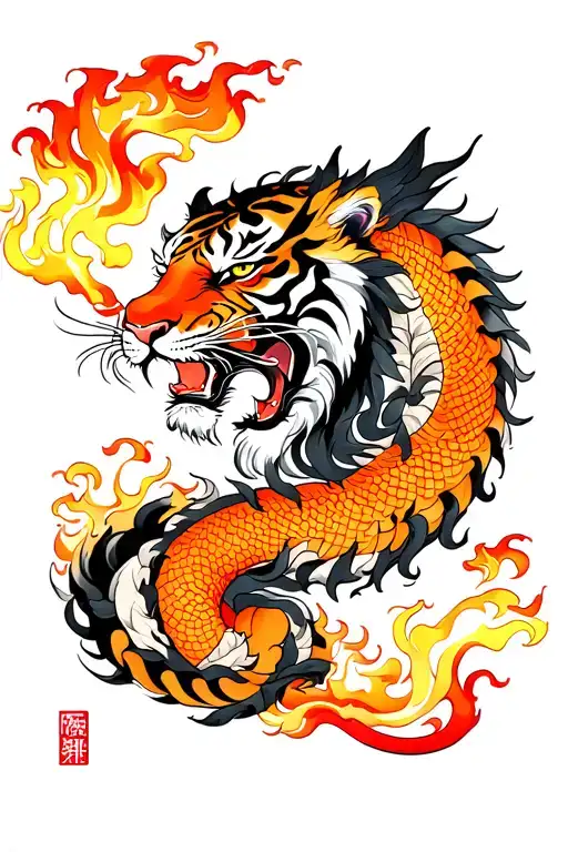 tiger and dragon breathing fire tattoo design idea