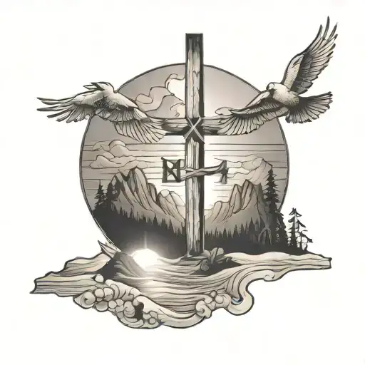 Mountains next to the beach with three crosses a dove and a sunset In the Bible verse Philippians 1:6 tattoo design idea