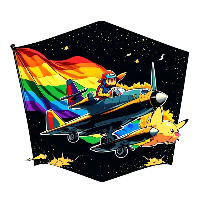 Pride flag with Pokémon flying in their airplanes, racing.  tattoo design idea