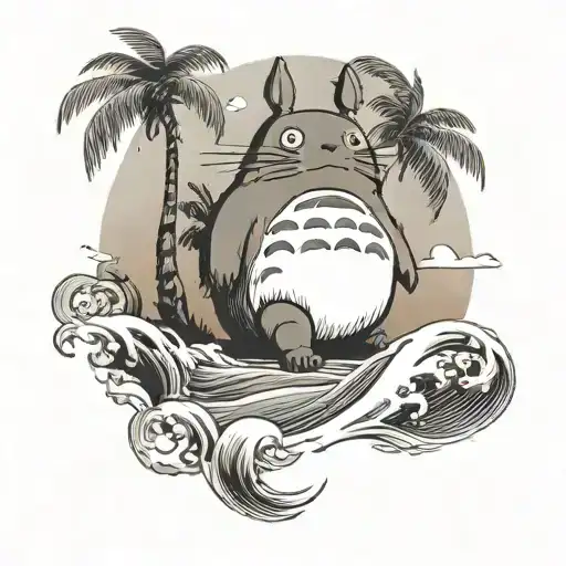 totoro running on beach sunset palm trees and waves tattoo design idea