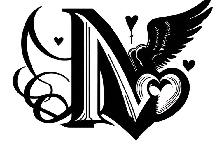 N letter tattoo with Infinity and Wings and heart. hidden letter R and G  tattoo design idea