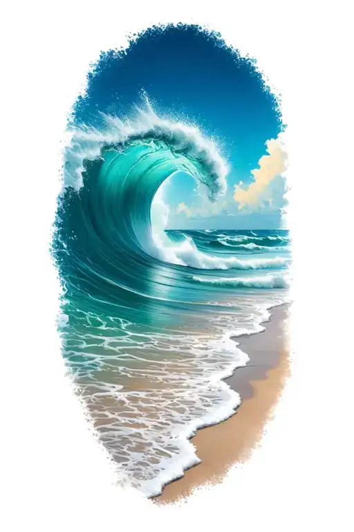 ocean waves crashing on the beach with makau hook background tattoo design idea