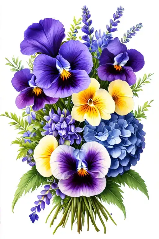 a bouquet wrapped loosely around my forearm that has 5 pansies, purple irises, lupines, and hydrangeas.  tattoo design idea