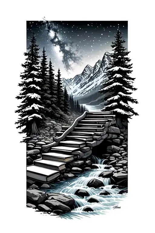 stacked book staircase on rocky riverbank, tall pines, flowing river, snow-capped mountains, milky way sky, rugged edge tattoo design idea