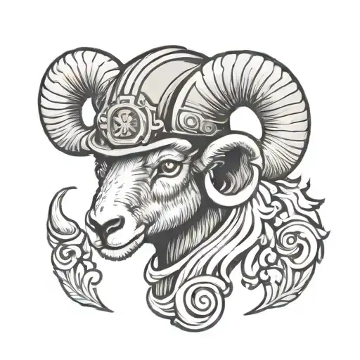 An Aries ram head wearing a firefighter helmet, representing strength and courage tattoo design idea