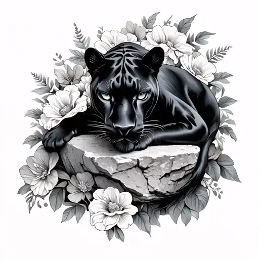 tattoo of a black panther resting on a stone surrounded by flowers on the full forearm, with better quality tattoo design idea
