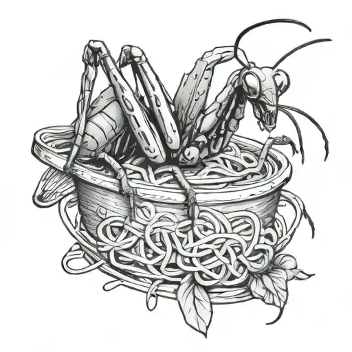 Indiana praying mantis eating spaghetti tattoo design idea
