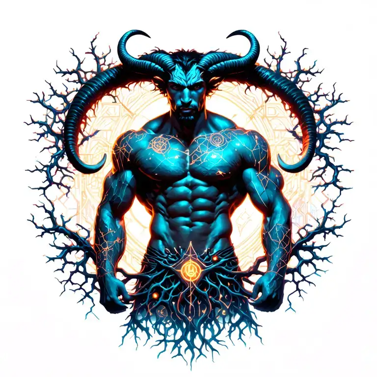 sexy gay male horned satyr with massive bodybuilder muscles flex. cyber tree roots, vines and constellations tattoo design idea