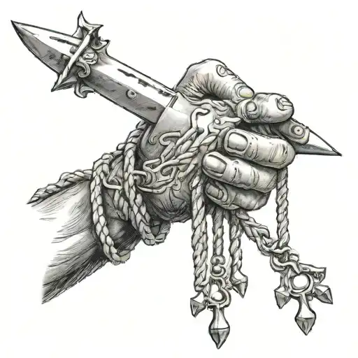 hand holding a thin rope with a sword of Damocles hanging from it tattoo design idea