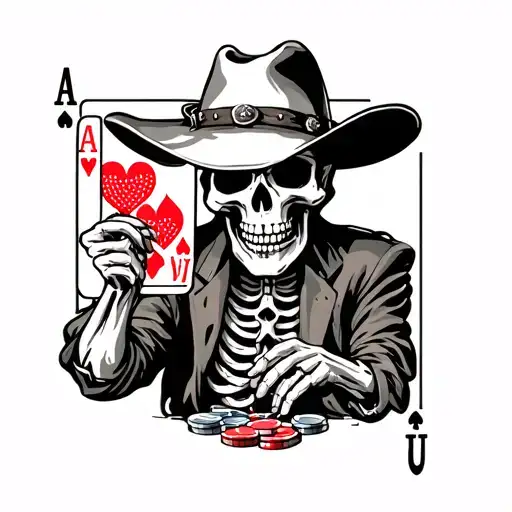 Skeleton with cowboy hat, playing poker with aces in hand tattoo design idea