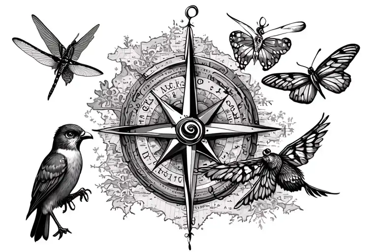 HUMMINGBIRD, DRAGONFLY, HAWK, OWL, BUTTERFLY, PEACOCK WITH COMPASS AND TREASURE MAP IN THE BACKGROUND tattoo design idea