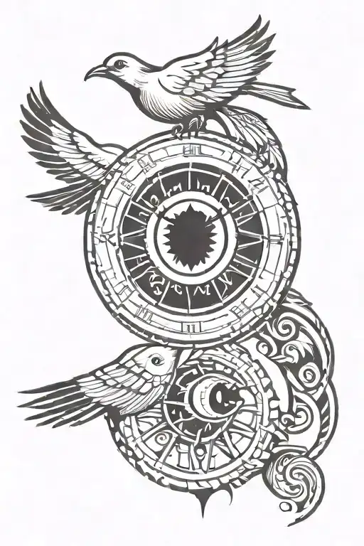3rd eye symbol awake with clock underneath with a dove underneath the clock  tattoo design idea
