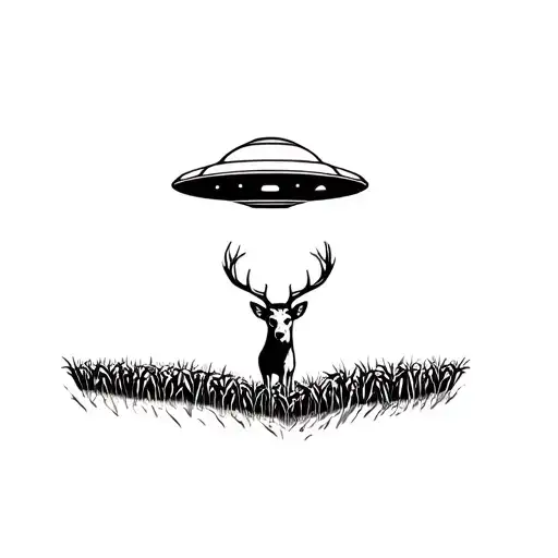 UFO hovering over corn field that is splitting open to reveal deer in beam of UFO tattoo design idea