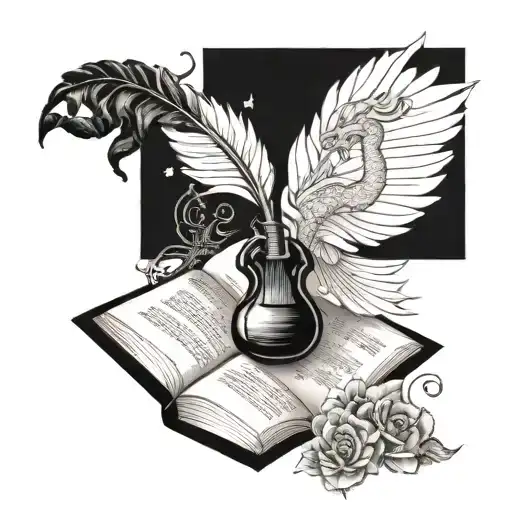 Incorporate a quill pen, book and musical notes intertwined with Buddhist symbols tattoo design idea