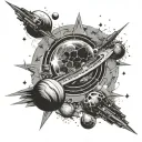 Create a celestial scene inspired by astrophotography, with planets and stars forming a backdrop for Rammstein's fiery stage presence tattoo design idea