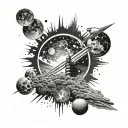 Create a celestial scene inspired by astrophotography, with planets and stars forming a backdrop for Rammstein's fiery stage presence tattoo design idea