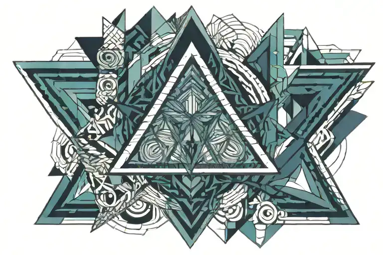 Abstract design, simple shapes, dark blues and teals, symmetrical, upside-down triangle shape, male chest and shoulders tattoo design idea