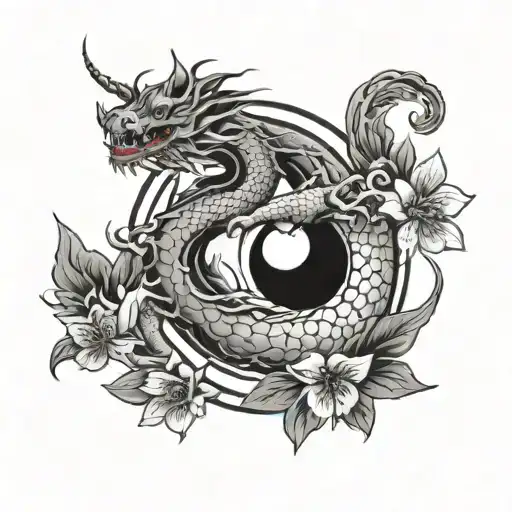Dragon and Unicorn Ying Yang cherry blossom tattoo design idea