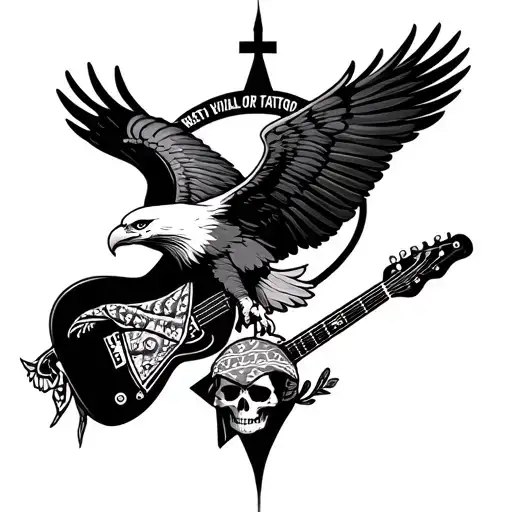 "Bold traditional tattoo design of an eagle flying with wings open, a skull wearing a bandana below, and a guitar crosse tattoo design idea