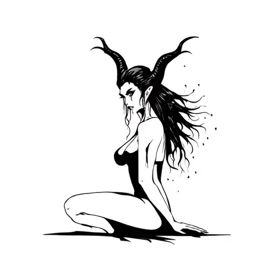   maleficent kneeling. betrayed, tears running down her face with  her big black crow wings down hair runing down her tattoo design idea