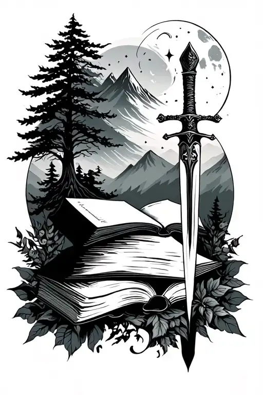 books with a dagger, trees and greenery around, a moon at the top with stars and mountain  tattoo design idea