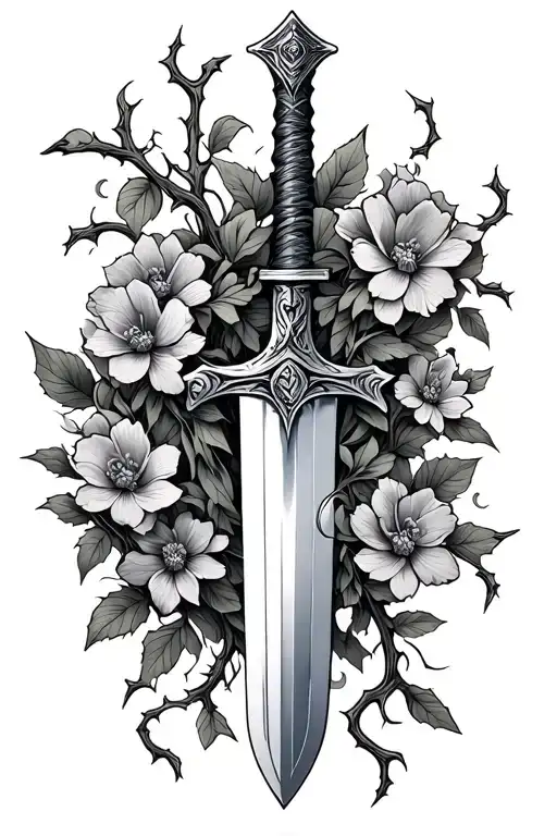 sword with a vine wrapped tightly with thorns and flowers tattoo design idea
