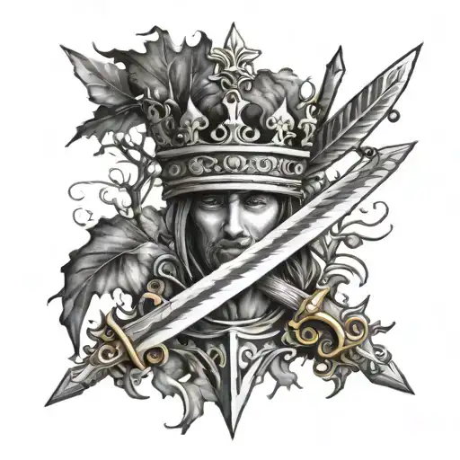 swords and crown surrounded by ash tree tattoo design idea