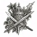 swords and crown surrounded by ash tree tattoo design idea