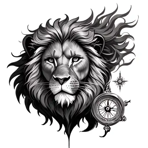 lion with the head of a woman add a compass in there tattoo design idea