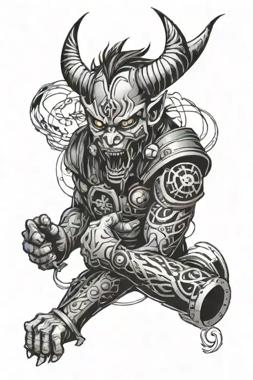 a minimalistic tattoo sleeve for the upper arm of an oni mask, mountains, lightning a dog and a computer motherboard tattoo design idea